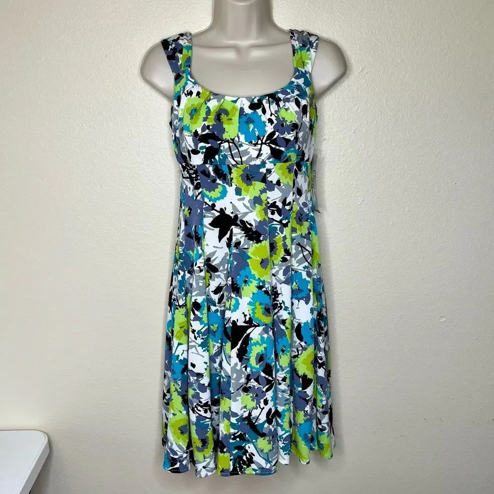 NWT Maggy L Petite White Green Abstract Floral Print Sleeveless Dress Women 4P